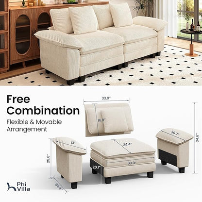 PHI VILLA Cloud Modular Couches Sets, 87.5" Sectional Loveseat Sofa with Upholstered Deep Seat, 2-Seater Comfy Couches for Living Room Bedroom, Corduroy Fabric, Beige