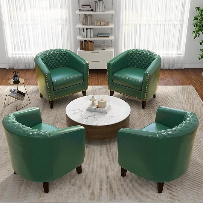 Pia Ricco Faux Leather Barrel Chairs Set of 2, Modern Comfy Accent Chairs, Upholstered Armchair Club Chairs with Nailhead Trim, Single Sofa Barrel Chair for Living Room Reading Room, Green