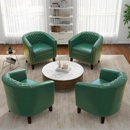 Pia Ricco Faux Leather Barrel Accent Chair, Modern Club Arm Chair Comfy Upholstered Single Sofa Chair with Solid Wood Legs and Nailhead Trim for Living Room/Reading Room (Green)