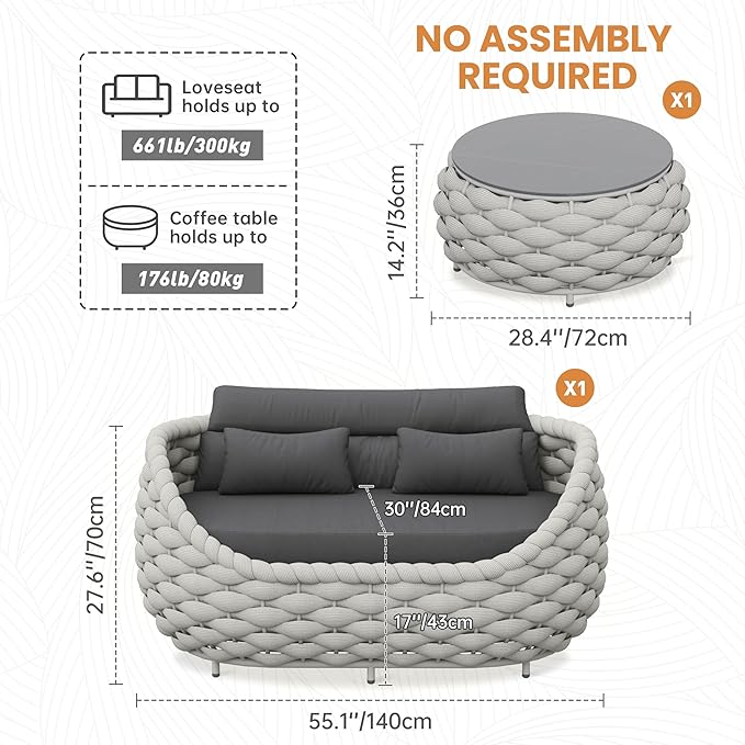 Patio Loveseat with Table: Aluminum Hand Woven Rope 2 Pieces Patio Furniture Set - Cushioned Outdoor Seating Set - Modern Couch Assembled - Metal Lounge Set for Porch Balcony Deck Garden Hotel
