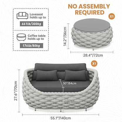 Patio Loveseat with Table: Aluminum Hand Woven Rope 2 Pieces Patio Furniture Set - Cushioned Outdoor Seating Set - Modern Couch Assembled - Metal Lounge Set for Porch Balcony Deck Garden Hotel