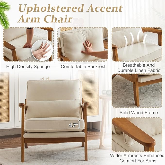 VINGLI Solid Wood Wide Armrests Accent Chair Set of 2,Upholstered Mid Century Modern Chair with Pillow,Farmhouse Arm Chair Comfy Reading Chair,Chairs Living Room,Bedroom,Guest Room,Linen Fabric,Beige