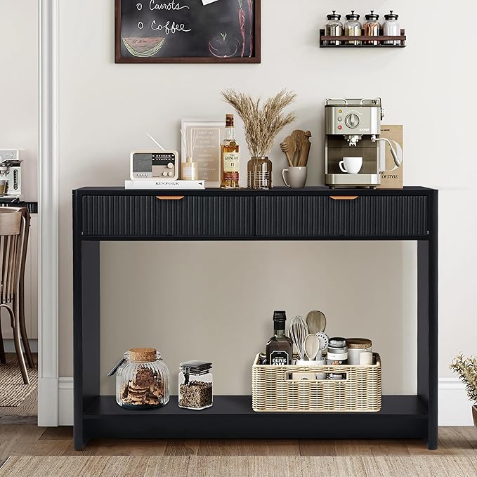 Entryway Table with Storage, Narrow Console Table with Drawers, 43.3' Couch Table Behind Sofa Long and Skinny for Living Room TV, Hallway Entrance Foyer, Mid Century Modern Black Fluted Console Table
