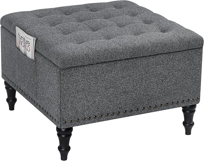 Square Ottoman with Storage Tufted Upholstered Storage Ottoman Square Coffee Table Ottomans with Legs 28’’ Large Fabric Footrest Ottomans Stool with Lift Top for Living Room Grey