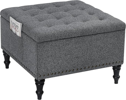 Square Ottoman with Storage Tufted Upholstered Storage Ottoman Square Coffee Table Ottomans with Legs 28’’ Large Fabric Footrest Ottomans Stool with Lift Top for Living Room Grey