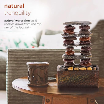 Alpine Corporation TT8002 Indoor/Outdoor Tabletop Stacked Rocks Eternity Fountain, Modern Rocks Tabletop Fountain 12", Brown