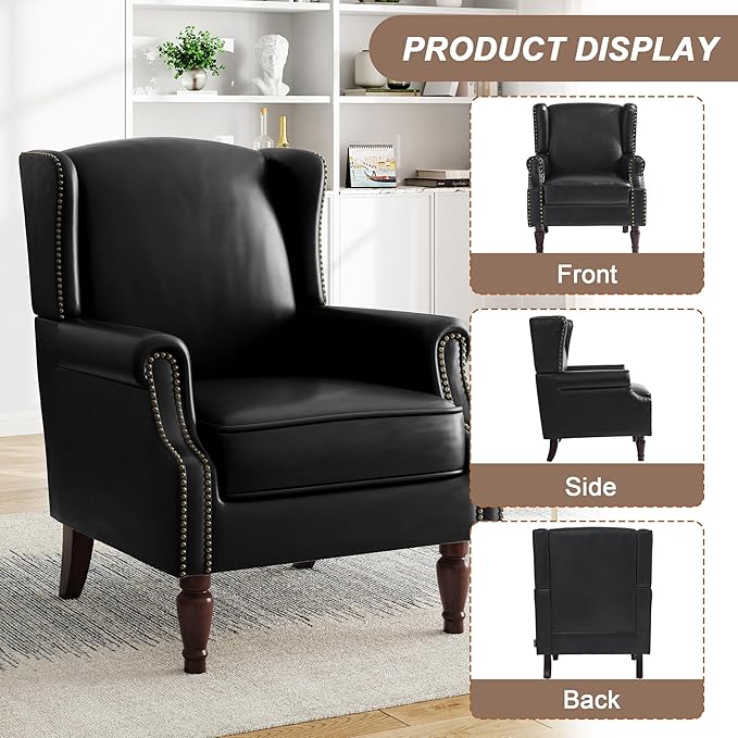 Pia Ricco High Back Floral Accent Chair - Retro Wingback Upholstered Armchair in Faux Leather, Nailhead Trim & Solid Wood Legs for Living Room Bedroom Reading Chair（Black