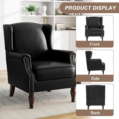 Pia Ricco High Back Floral Accent Chair - Retro Wingback Upholstered Armchair in Faux Leather, Nailhead Trim & Solid Wood Legs for Living Room Bedroom Reading Chair（Black