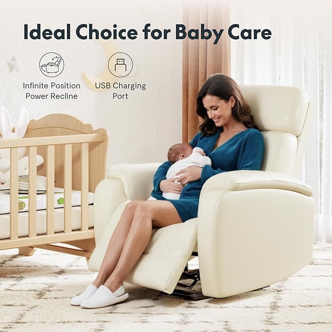 FLEXISPOT X3 Power Recliner Chair, Adjustable Electric Recliner with USB Port, Thick Cushion & Padded Back, Comfortable Faux Leather Chair for Adults, Living Room, Nursery, Home Theater (White)