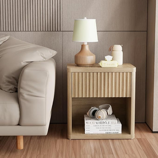 22.8" Fluted Nightstands Set of 2, Large Modern Nightstand with Drawer and Storage Shelf, Oak Finish & Cream, Mid Century Night Stands for Bedroom Living Room Sofa Couch Office, Natural Color