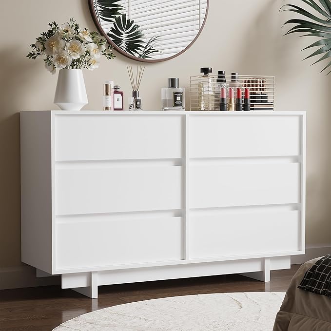White Dresser for Bedroom, 47" Wide 6 Drawer Dresser, Mid Century Modern Dressers Chest of Drawers, Wooden Large Dressers for Bedroom, Closet