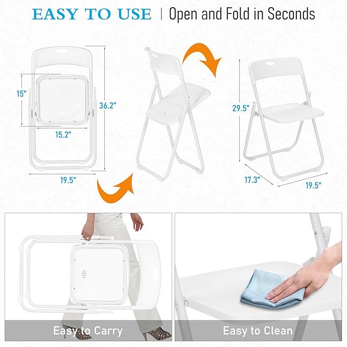 10 Pack White Plastic Folding Chairs, Indoor Outdoor Portable Stackable Commercial Seats with Steel Frame for Home Office Wedding Party Events Kitchen Dining, 350lb Capacity