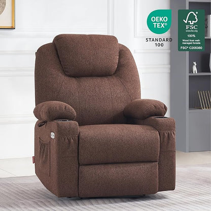 MCombo Power Lift Recliner Chair for Elderly, Lift Chair with Heat and Massage for Tall People, USB&Type C Ports, Extended Footrest, Cup Holders, Fabric 7516 (Large, Coffee)