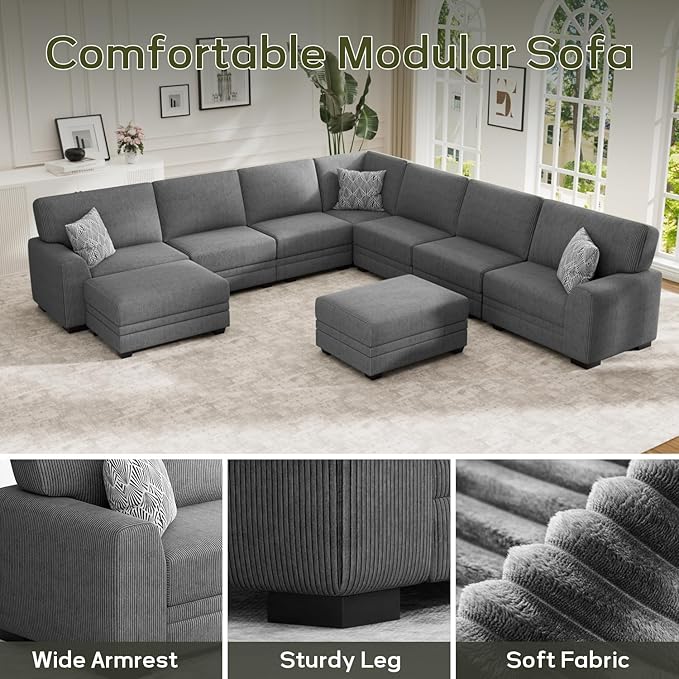 Wanderwell Oversized Modular Sectional Sofa, 9-Seater U Shaped Couches with Movable Ottoman,Corduroy Sectional Couch with Wide and Deep Seats Suitable for Living Room,Bedroom,Apartment (Grey, U-9)