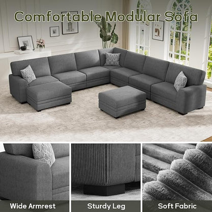 Wanderwell Oversized Modular Sectional Sofa, 9-Seater U Shaped Couches with Movable Ottoman,Corduroy Sectional Couch with Wide and Deep Seats Suitable for Living Room,Bedroom,Apartment (Grey, U-9)