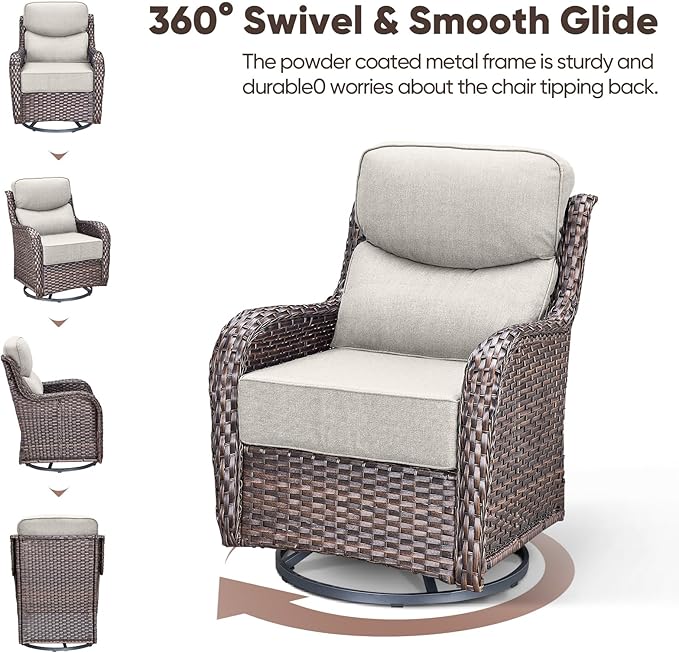 Swivel Patio Chairs Sofa Set of 6 with 6" Thick Cushion - Wicker Outdoor Swivel Rocker Patio Chair,Sofa/Glass Coffee Table, High Back Comfortable Outdoor Glider Chairs - Brown Wicker | Beige Cushions