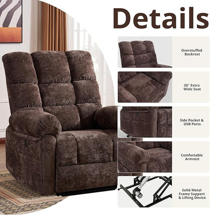 Oversized Power Lift Recliner Chair for Elderly, Electric Lift Chair with Masssage and Heat, Overstuffed Power Recliner for Adults, 3 Positions,USB Ports, Side Pockets, Coffee