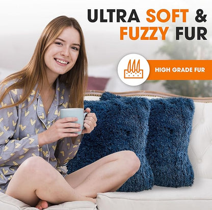 Cheer Collection Throw Pillows for Couch and Bed, Soft Shaggy Throw Pillows with Inserts Included, Cozy Long Hair Faux Fur Pillows - Set of 2-22" x 22" Navy