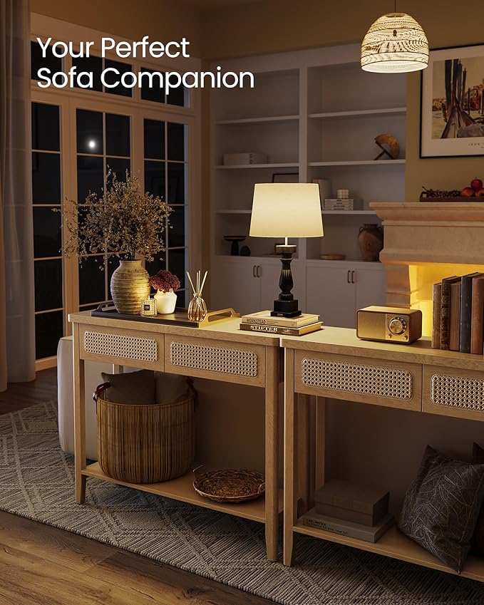 VASAGLE Console Table, Sofa Table, Narrow Entryway Table with 2 Drawers, Open Storage Shelf, Rounded Corners, for Living Room, Boho Style, Oak Beige ULNT016Y57V1