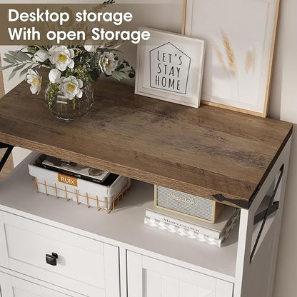 Fameill White Farmhouse Storage Cabinet with 2 Drawers & Shelves,Freestanding Kitchen Cabinet with Doors,Floor Storage Organization for Living Room,Bathroom,Laundry