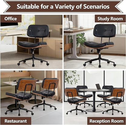 Armless Computer Chair, Small Desk Chair with Wheels and Adjustable Height, PU Leather Modern Swivel Walnut Task Chair for Home Office, Study, Library, Black