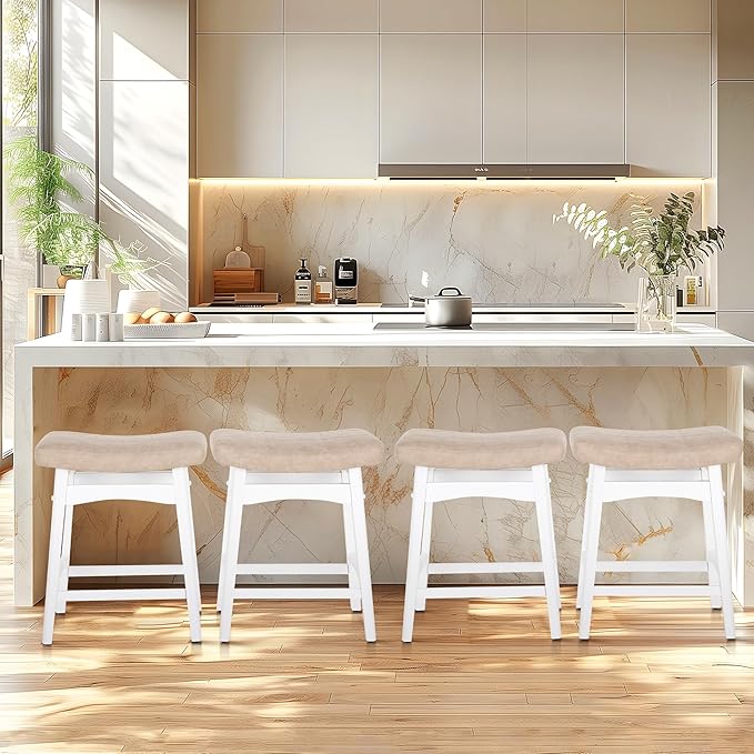 ALPHA HOME Bar Stools Set of 1, Solid Wood Saddle Kitchen Stools with Grey PU Leather Cushion Counter Height Barstools with Wooden Base for Kitchen Dining Cafe, 24 Inch, 1PCS