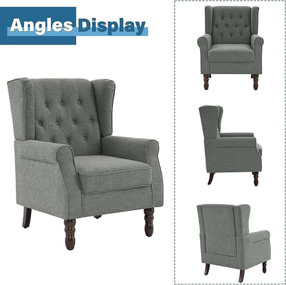 High Back Accent Chair, High Wingback Chair for Living Room, Button-Tufted Upholstered Fabric Armchair with Solid Wood Legs, Comfy Single Sofa Reading Chair for Bedroom, Gray