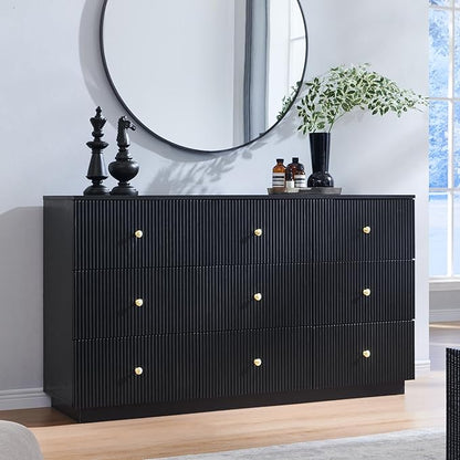Fluted Dresser for bedroom, 55"W Black 9 Drawer Dressers, Wood Tall Dresser Storage Organizer, Modern Bedroom Chest of Drawers with Deep Storage for Closet Hallway, Entryway, Living Room Black