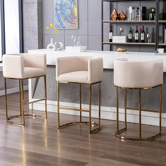 Contemporary Cream Linen Bar Stools Set of 3, 32" Upholstered Fabric Counter Height Barstool Kitchen Counter Island Stools with Golden Metal Base
