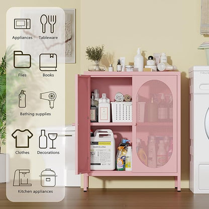 Display Cabinets with 2 Mesh Doors，Small Pantry Cabinet, Storage Closet with Adjustable Shelf and High Feet, Pink Cabinet for Home, Office, Living Room,Dining Room,Sideboard, Hallway and Entryway
