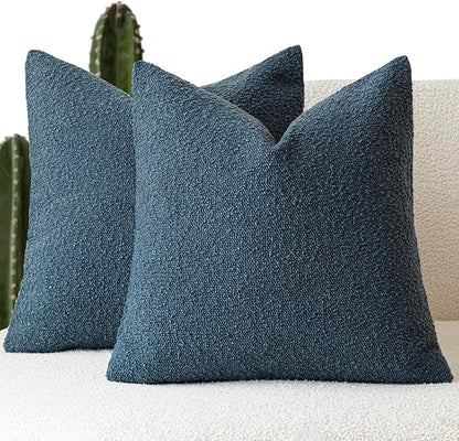 Foindtower Pack of 2 Modern Textured Boucle Throw Pillow Covers Accent Solid Decorative Pillow Cases Cozy Woven Couch Cushion Case for Chair Sofa Bedroom Living Room Home Decor, 18 x 18 Inch,Blue