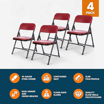 OEF Furnishings OEF800 Series Premium Heavy-Duty Plastic Folding Chairs, Lightweight, Durable Seating for Indoor and Outdoor Use, 500 lb Capacity (4-Pack, Red Plastic with Black Frame)