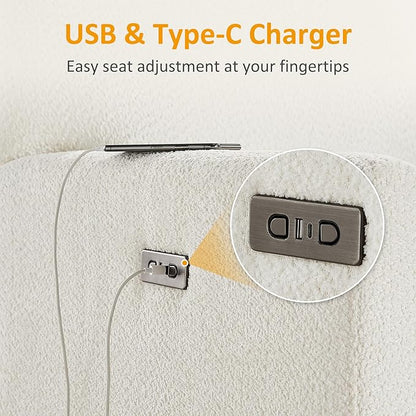 VANOMi Power Swivel Glider Recliner Chair, Electric Nursery Rocker Recliner Chair, USB & Type-C Charger, Boucle White