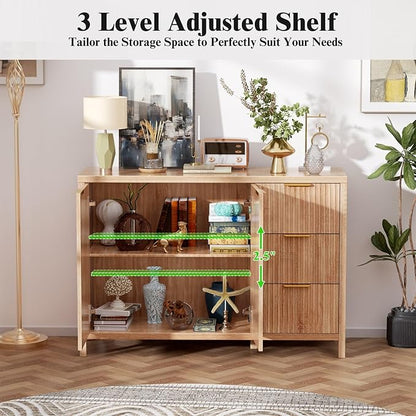 Fluted Sideboard Buffet Cabinet, 46.5" Modern Storage Cabinet with 2 Doors & 3 Drawers, Sideboard Console Table for Entryway,Living Room,Kitchen,Dinning Room-Natural Oak