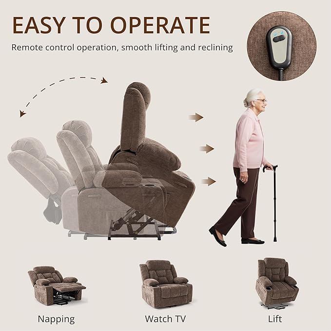 Dual Motor Power Lift Recliner Chair for Elderly, Large Electric Lift Recliner with Massage and Heat, Cup Holders, Side Pocket, Fabric(Brown)