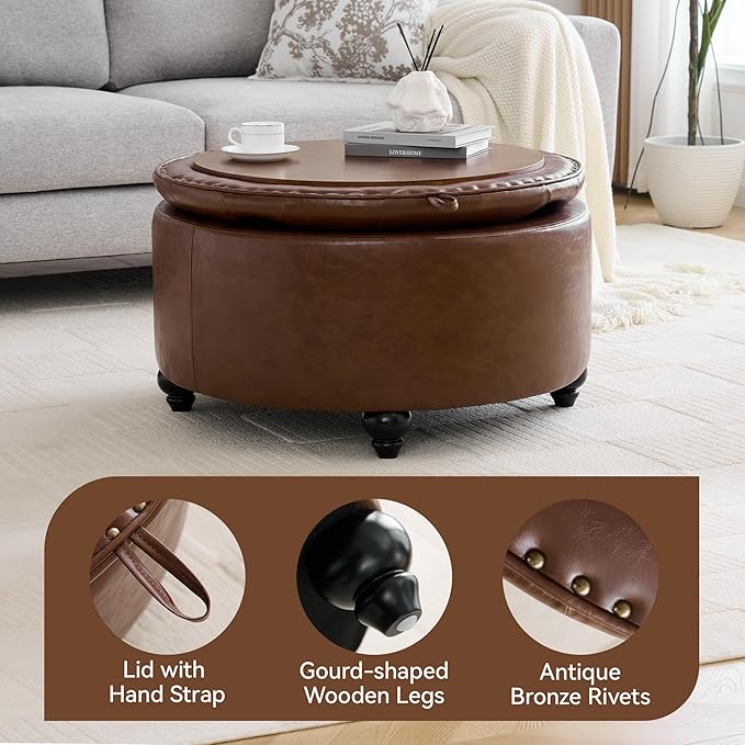 30Inch Round Storage Ottoman with Tray, Modern Tufted Leather Circle Coffee Table with Storage, Upholstered Ottoman with Removable Top for Living Room, Bedroom, Leather Coffee