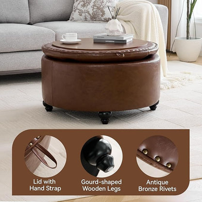 30Inch Round Storage Ottoman with Tray, Modern Tufted Leather Circle Coffee Table with Storage, Upholstered Ottoman with Removable Top for Living Room, Bedroom, Leather Coffee