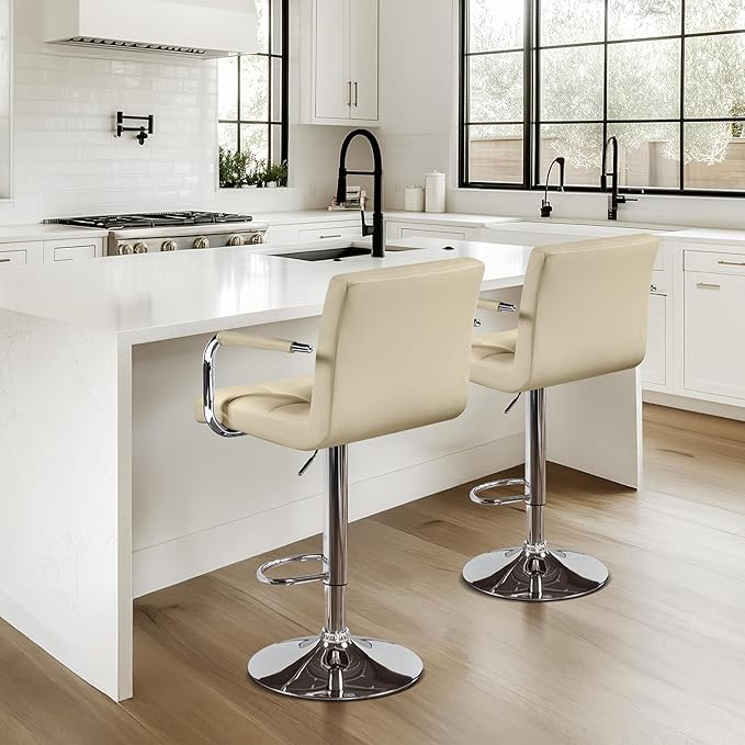 Yaheetech Bar Stools Set of 2, PU Leather Adjustable Swivel Barstools, Hydraulic Kitchen Counter Height Chairs with Armrest and Back for Kitchen, Dining Room, Khaki