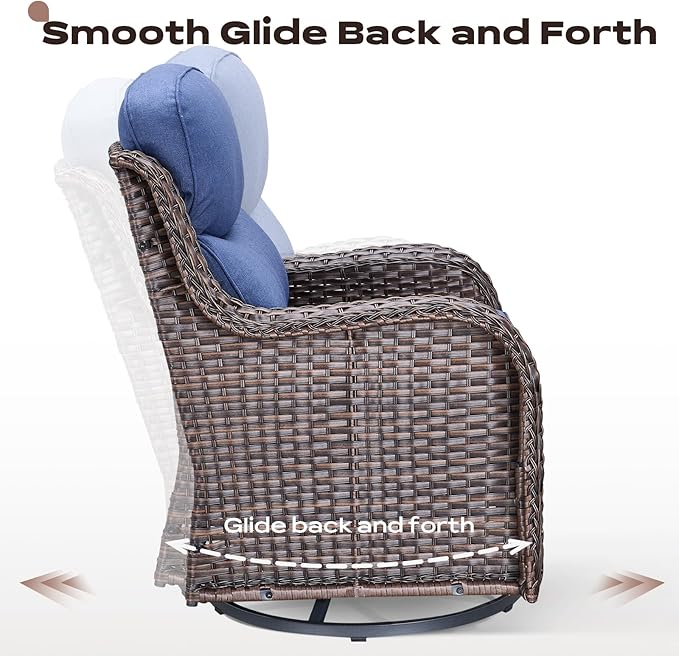 Rilyson Wicker Outdoor Patio Furniture Set - 6 Piece Patio Conversation Sets with Swivel Rocker Chairs, Ottomans, Sofa and Table, 6 inch Cushions, Deep Seating, for Porch Deck Brown/Blue