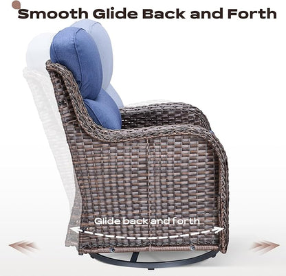 Rilyson Wicker Outdoor Patio Furniture Set - 4 Piece Patio Conversation Set with Swivel Rocker Chairs and Ottomans, 6 inch Cushions, High Back, Deep Seating, for Porch Deck Garden Brown/Blue