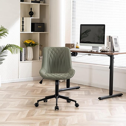 YOUNIKE Olive Green Comfy Home Office Desk Chair Small Vanity Chair with Wheels Swivel Adjustable Modern Task Chair with High Back Armless Cute Faux Leather Upholstered Rolling Sewing Chair Compact
