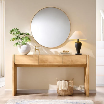 OKD 63'' Console Table with 3 Drawers, Farmhouse Entryway Table with Rounded Corners, Console Table Behind Couch for Living Room/Hallway-Natural Oak