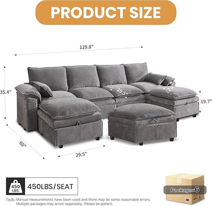 130" U Shaped Modular Sectional Sofa, Couch with Ottoman Storage, Chenille Cloud Couch with Plush Deep Seating for Living Room, Bedroom (7 Seat, Light Grey)