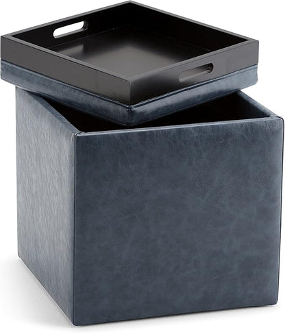 SIMPLIHOME Rockwood 18 inch Wide Contemporary Square Cube Storage Ottoman with Tray in Denim Blue Vegan Faux Leather, Assembled, For the Living Room, Entryway and Family Room
