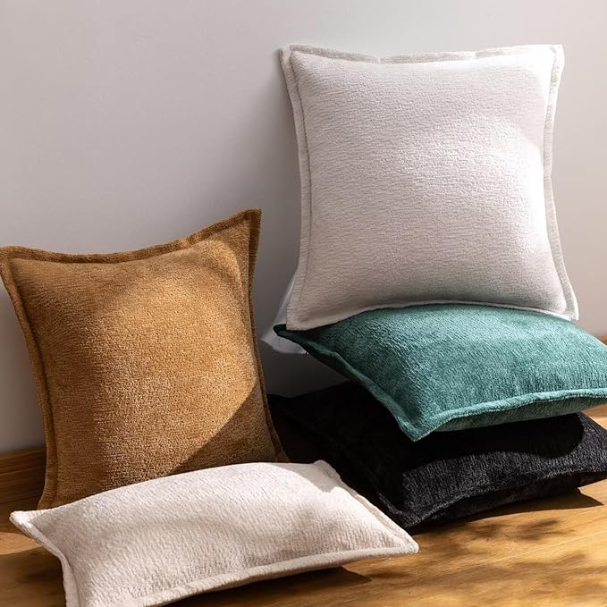 Cream White Decorative Throw Pillow Covers 20x20 Inch Set of 2 Cozy Soild Chenille Cushion Cases Soft Textured Square Couch Pillows Cover Boho Accent Farmhouse Pillowcases for Sofa Bed