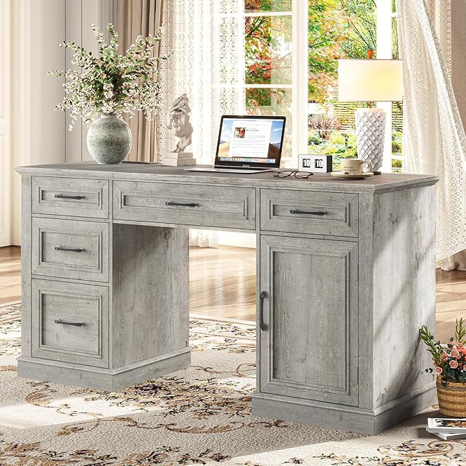 Farmhouse 59'' Executive Desk with Charging Station,Office Desks Computer Desk with 5 Drawers, Wood Workstation for Home Office and Study, File Drawers and Storage Cabinet, Grey