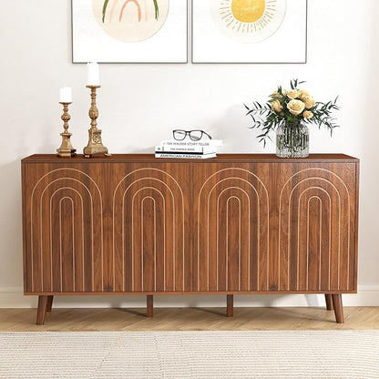 59" Buffet Cabinet with Storage, Modern Accent Sideboard Storage Cabinet with 4 Doors & Carving Lines, Wooden Coffee Bar Table Console for Living Room Kitchen Office and Hallway (Walnut)