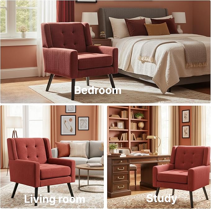 Mid-Century Modern Accent Chair Set of 2, Plush Linen Fabric with Button Tufted High Back & 5" Thick Cushion, High Comfort Reading Chair for Living Room, Bedroom, Office (Red)