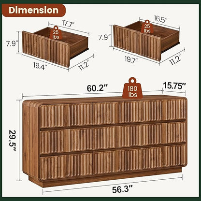 Fluted 9 Drawer Dresser for Bedroom, 60" Wide Modern Chest of Storage Drawers, Wood Dresser & Chest of Drawers with Curved Corners, Dressers TV Stand for Living Room (60" Walnut 9 Drawer)