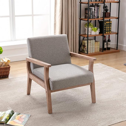 Mid Century Modern Accent Chair Set of 2, Linen Upholstered Living Room Accent Armchair with Wood Frame, Farmhouse Chair for Living Room Bedroom, Gray